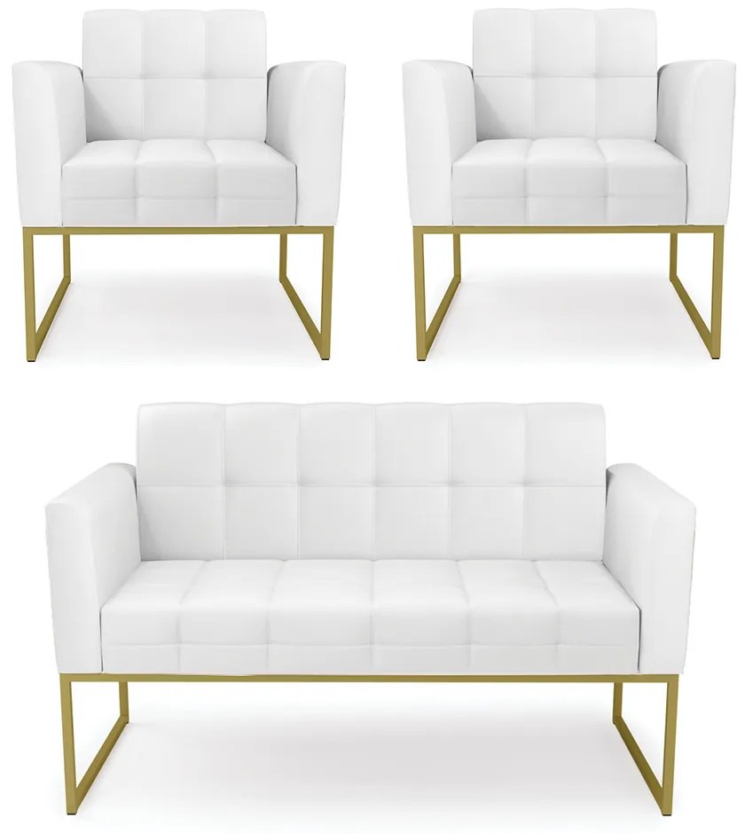 Kit 1 Sofá Namoradeira e 2 Poltronas Elisa Corino Branco Base Metálica Industrial Dourado - D'Rossi