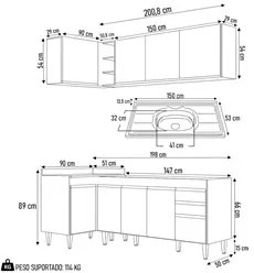 Armário de Cozinha Modulado de Canto Direito 4 Peças CP42 com Pia Inox