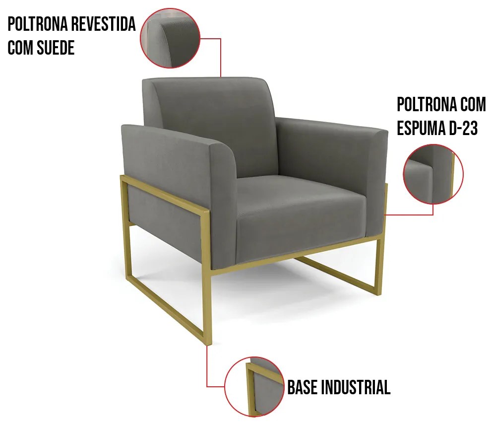 Poltrona Base Industrial Alta Dourado Marisa Suede - Grafite