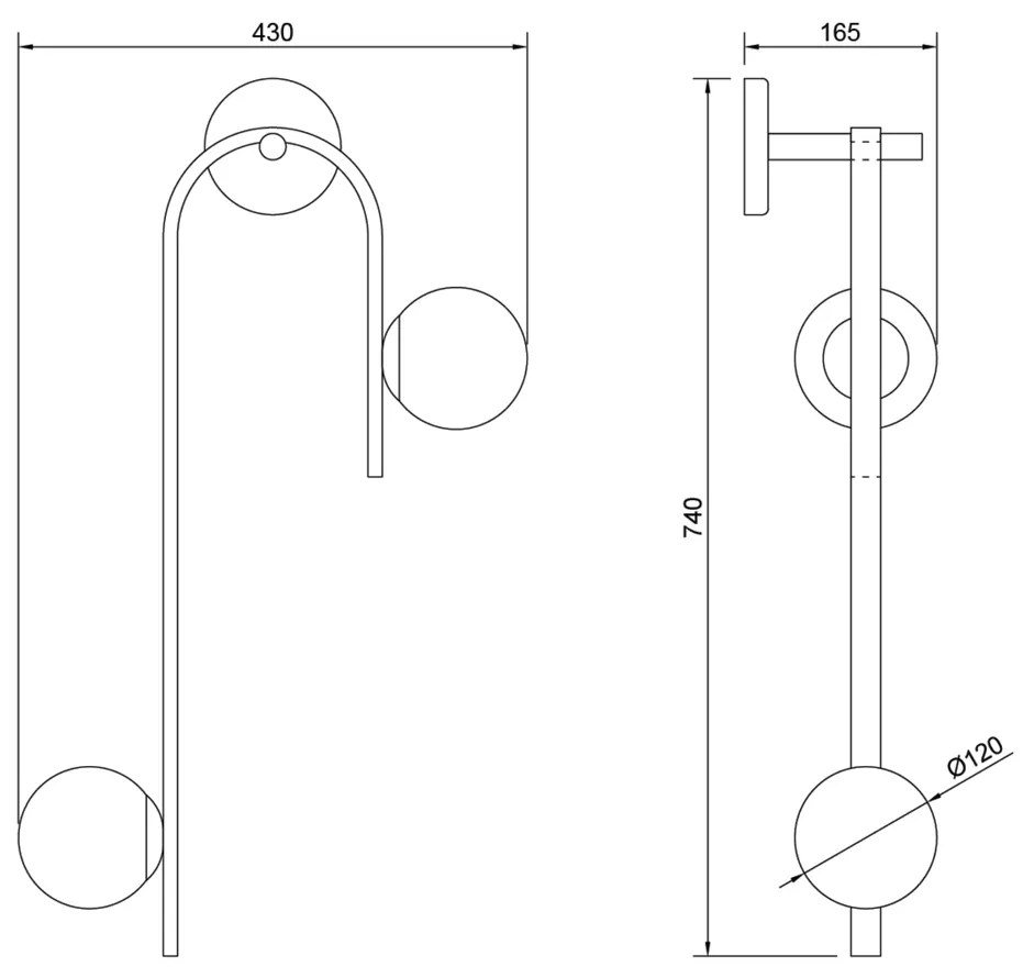 Arandela Dama 44X75X16,5Cm 2Xg9 / Globo Ø12Cm | Usina 16807/2 (PT / AL-PV - Preto Texturizado / Aluminio Brilho Polido Verniz, AMBAR)