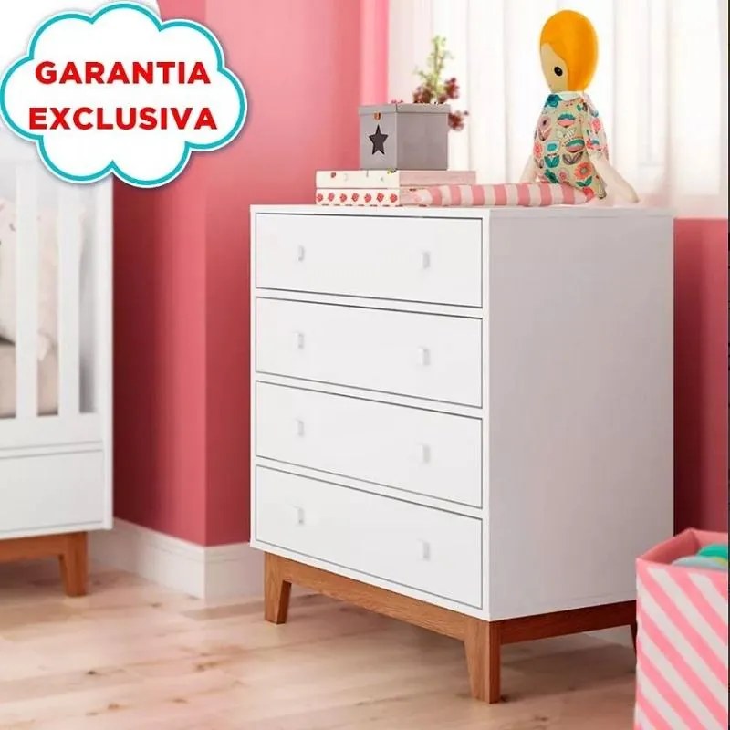 Cômoda Retrô Infantil 4 Gavetas Pés Amadeirado - Branco