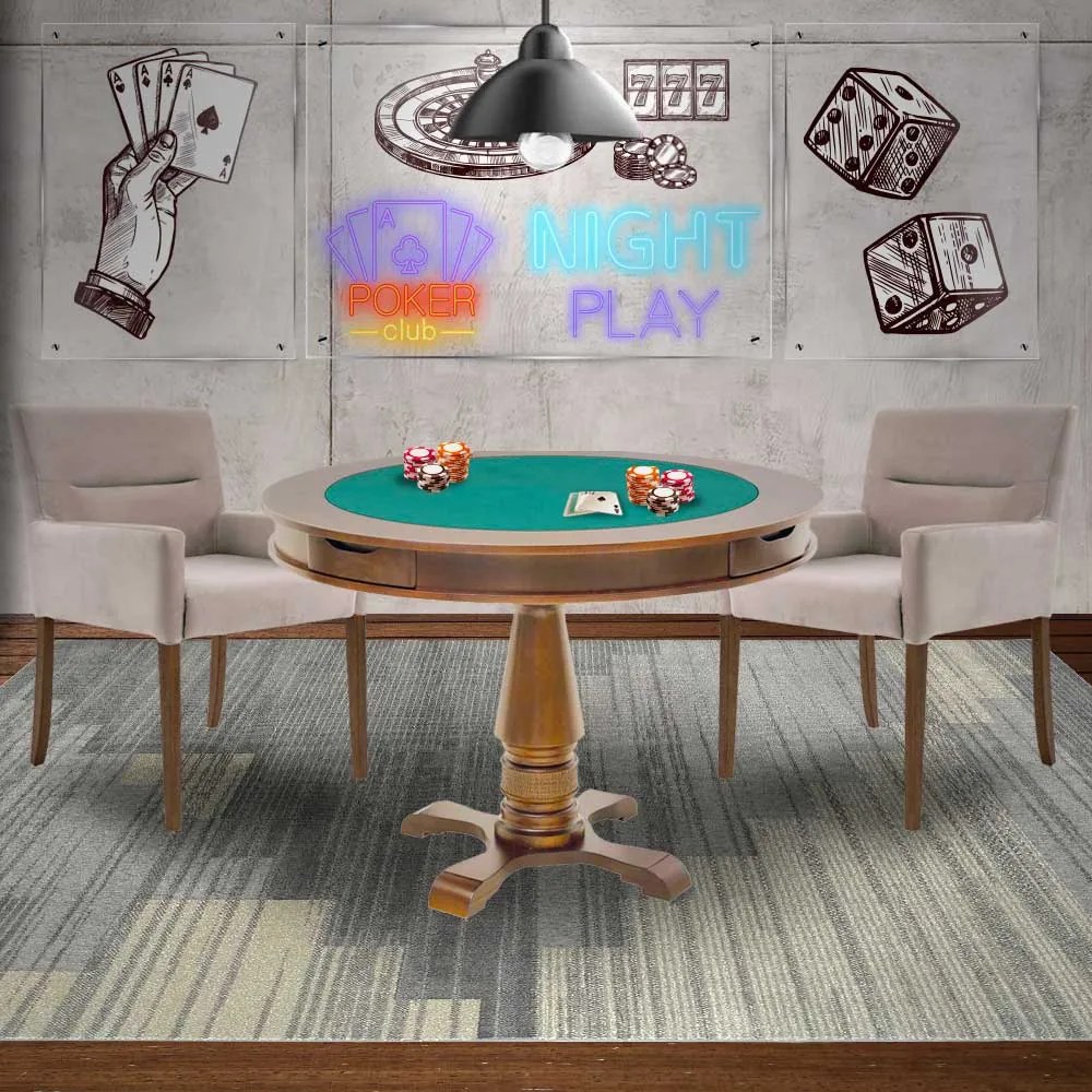 Mesa de Jogos Carteado Victoria Redonda Tampo Reversível Amêndoa com 2 Cadeiras Vicenza Nude G36 G15 - Gran Belo