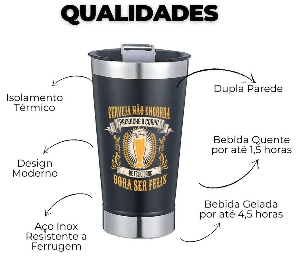 Copo Térmico Cerveja Não Engorda em Inox Com Tampa e Abridor Chopp