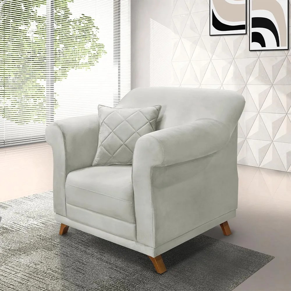 Poltrona Decorativa com 1 Almofada Armstrong Veludo Prata G63 - Gran Belo