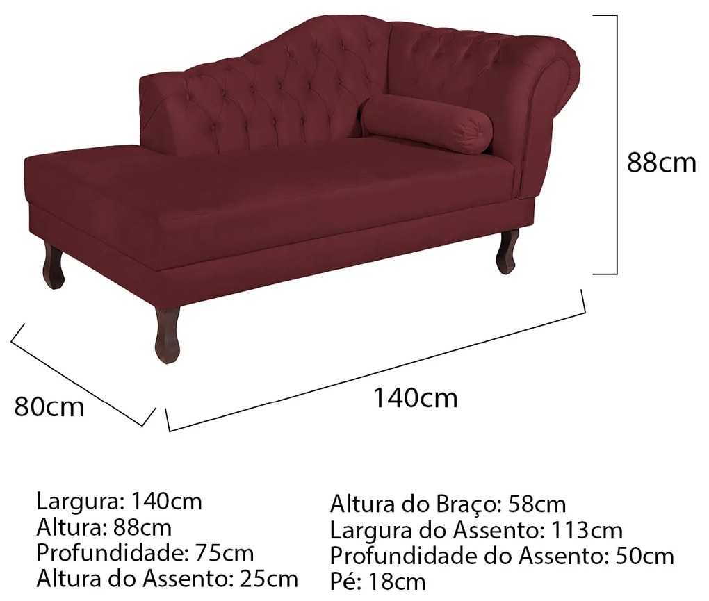 Recamier Diana 140cm Lado Esquerdo Suede Bordô - ADJ Decor