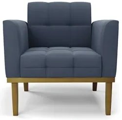 Sofá Namoradeira e 2 Poltronas Base Madeira Castanho Ana Suede Azul Ma