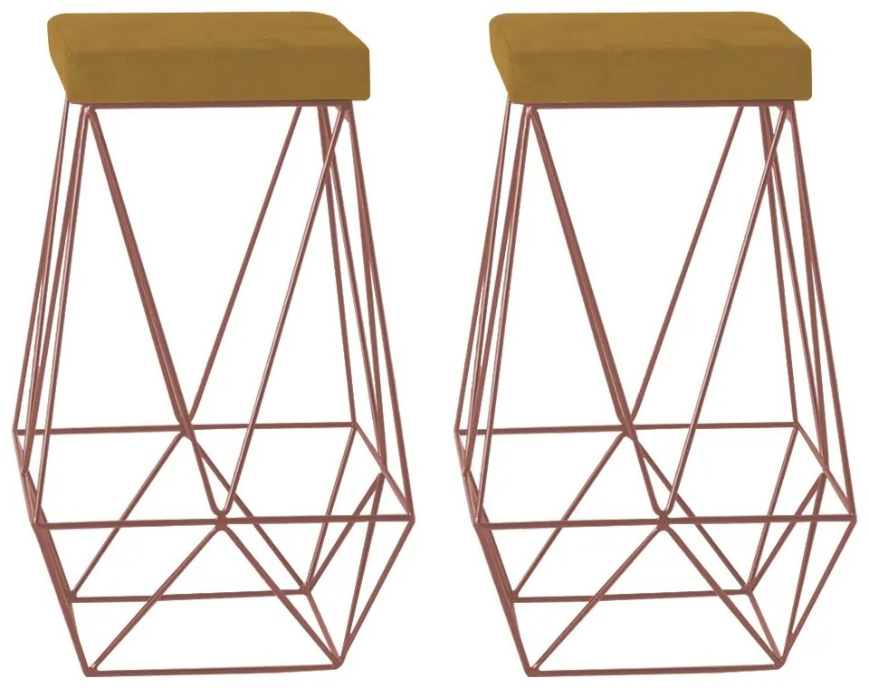 Kit 2 Banqueta Decorativa Kathy Base Bronze Suede Mostarda G41 - Gran Belo