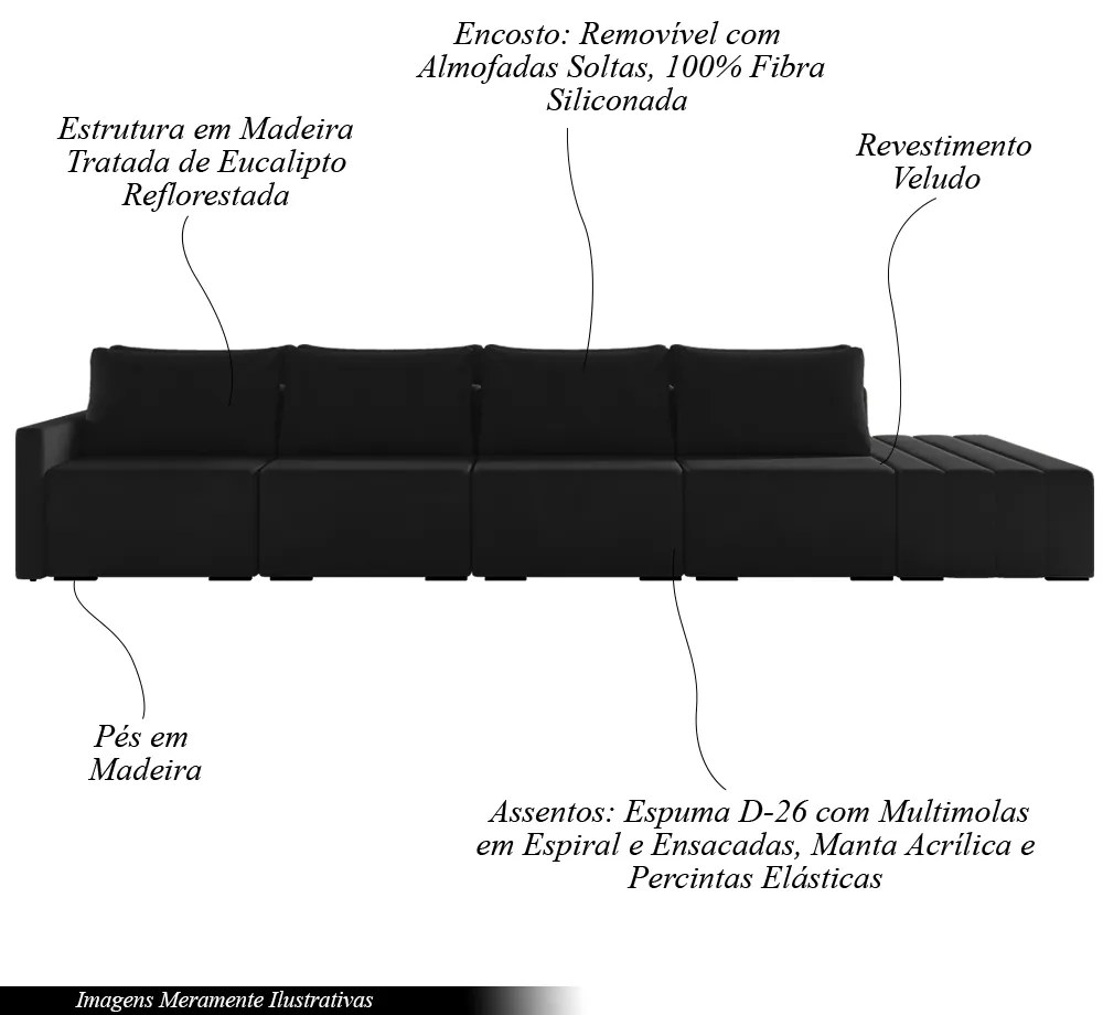 Sofá Ilha Modulado Milos 432cm Puff Lateral Veludo Preto G33 - Gran Belo