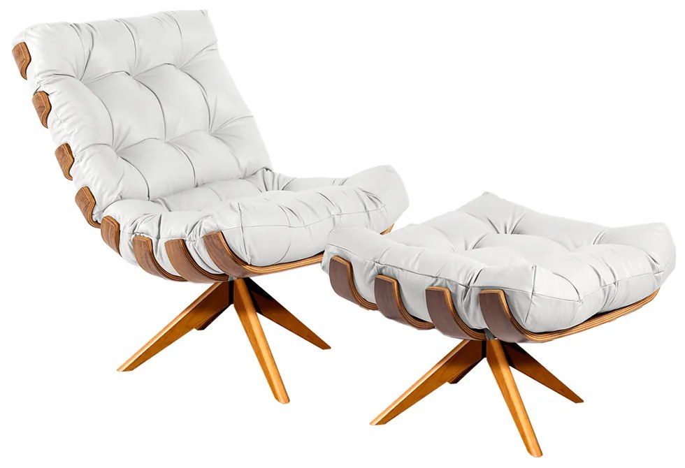 Poltrona com Puff Giratório Costela Couro Branco Base de Madeira MA30 M11 - D'Rossi