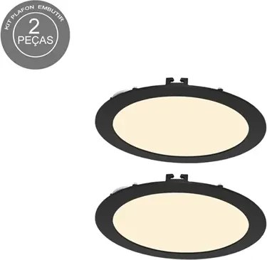 Kit 2 Plafons LED Embutir Redondo 18W Preto Ø22,5cm
