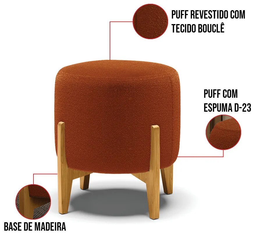 Poltrona e Puff Decorativo Base Madeira Stella PU Preto/Bouclê D03 - D'Rossi - Terra