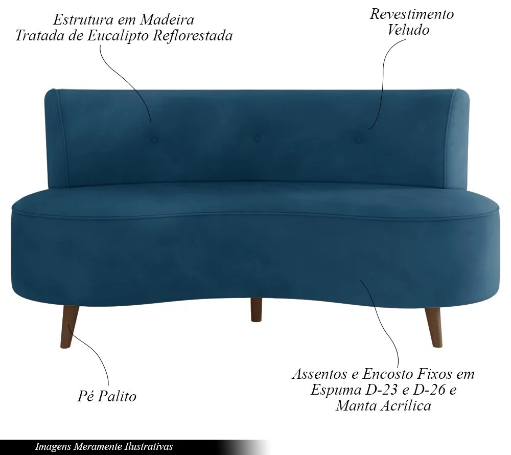 Sofá Living 2 Lugares 135cm Aang Pés Palito Veludo Azul Marinho G33 - Gran Belo