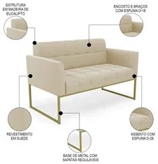 Sofá Namoradeira e 1 Poltrona Base Industrial Dourado Ana Suede Bege -