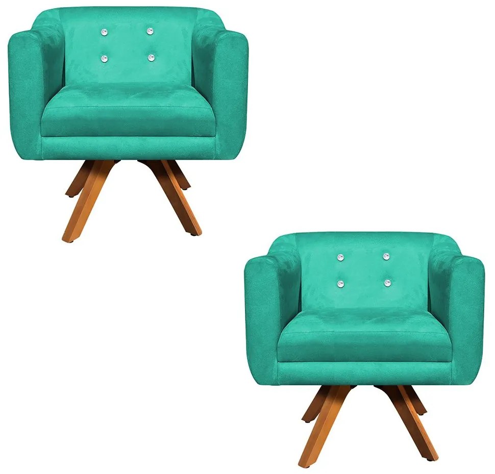 Kit 02 Poltronas Giratória Julia Suede com Strass Base Madeira MM30 D01 - D'Rossi  - Verde Turquesa