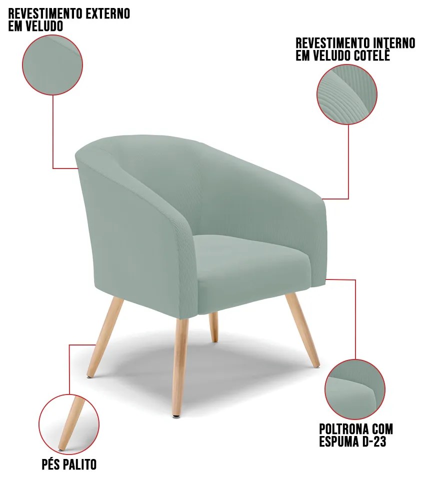 Poltrona Decorativa Pé Palito Natural Stella Cotelê Int/Veludo D03 - D'Rossi - Menta