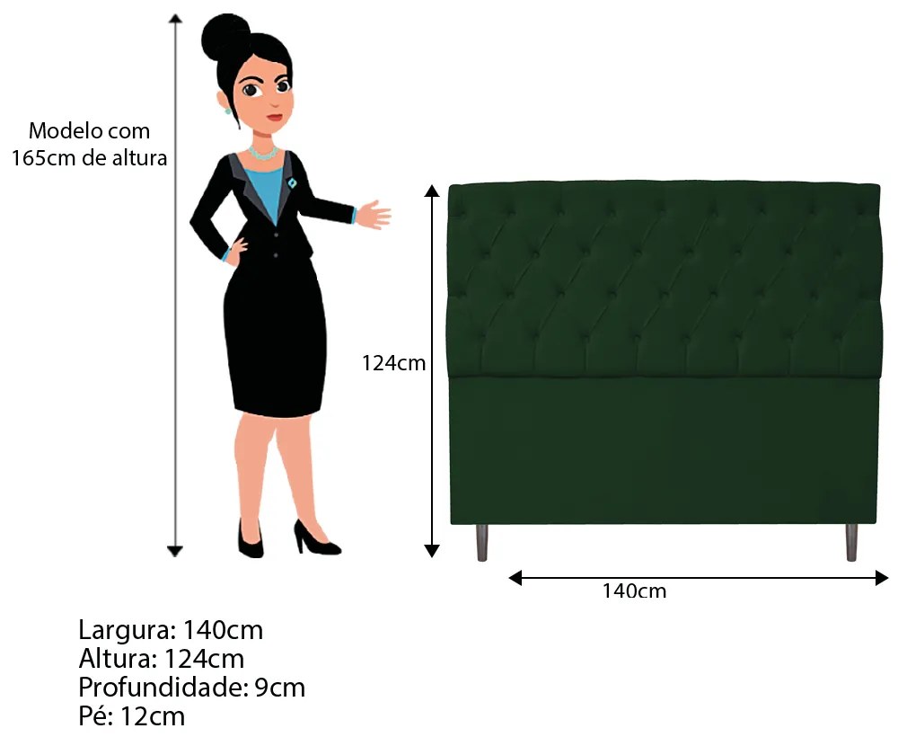 Cabeceira Estofada Liverpool 140 cm Casal Suede Verde - ADJ Decor