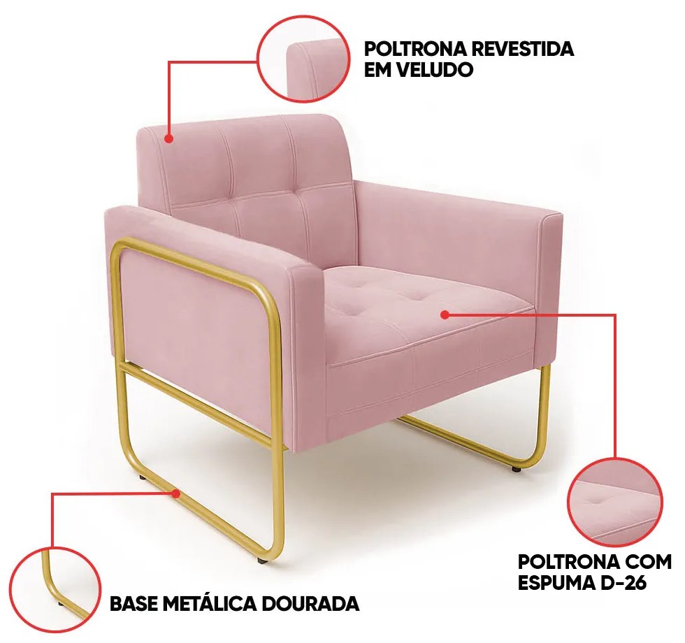 Poltrona Sala Industrial Alta Tubo Dourado Elisa Veludo D03 - D'Rossi - Rose