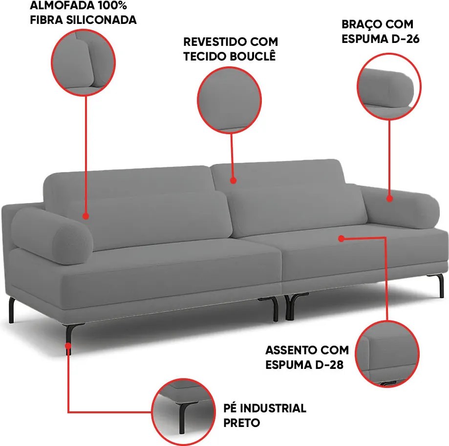 Sofá 4 Lugares Living 274cm Pé Ferro Romeu Bouclê Cinza Escuro K01 - D'Rossi