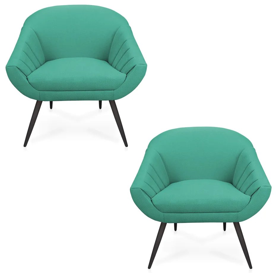 Kit 02 Poltronas Giovana Linho Pés Palito de Ferro - D'Rossi - A115 Azul Pavão