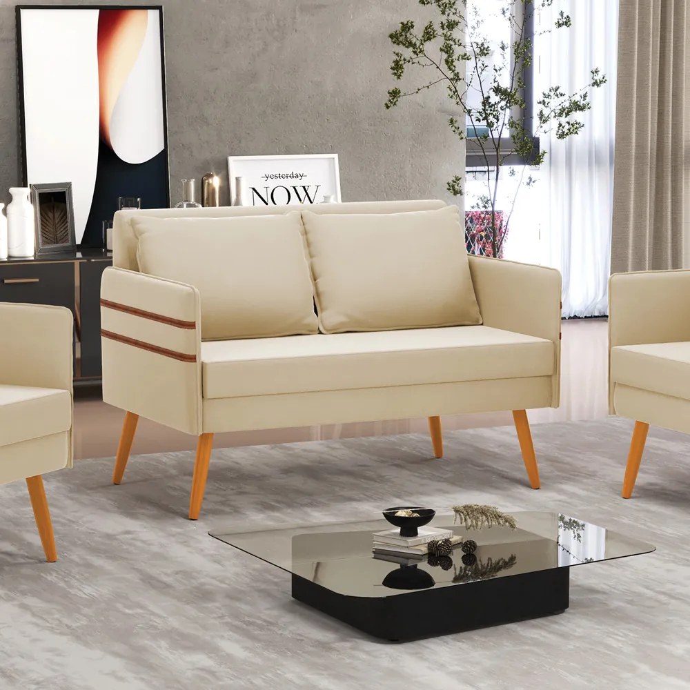 Namoradeira 02 Lugares Mari Suede Pés Palito Castanho - D'Rossi - Bege