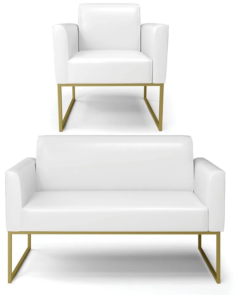 Sofá Namoradeira com Poltrona Base Industrial Dourado Marisa Corano D03 - DRossi - Branco