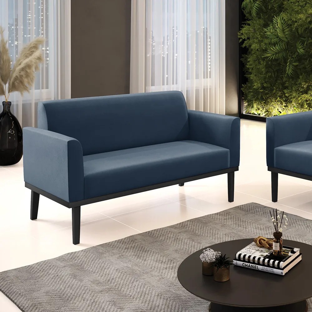 Sofá Namoradeira Base de Madeira Fixa Preto Marisa Suede  D03 - D'Rossi - Azul Marinho