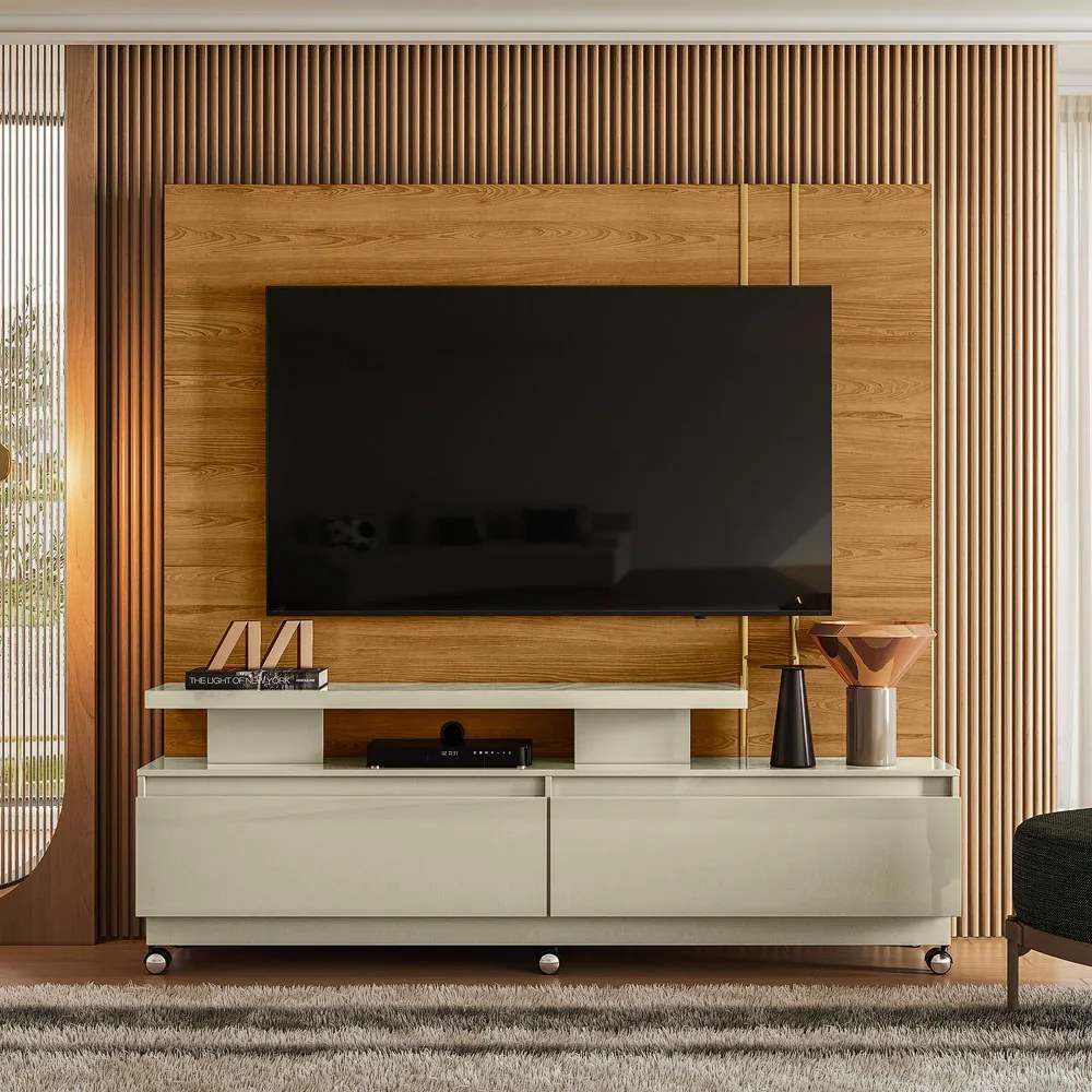 Estante de TV 75 Pol 183cm com Rodízio Sala Belora M20 - D'Rossi - Cumaru e Opala