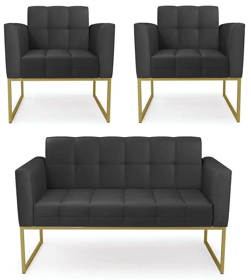 Kit 1 Sofá Namoradeira e 2 Poltronas Elisa Corino Preto Base Metálica Industrial Dourado - D'Rossi