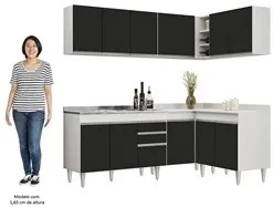 Armário de Cozinha Modulado de Canto 6 Peças CP30 com Pia Inox Branco/
