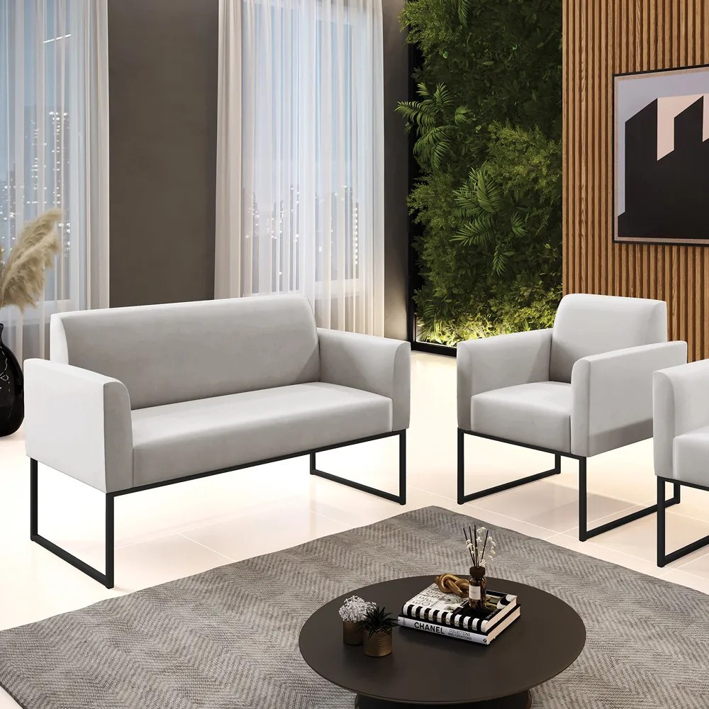 Sofá Namoradeira com Poltrona Base Industrial Preto Marisa Veludo D03 - D'Rossi - Cinza