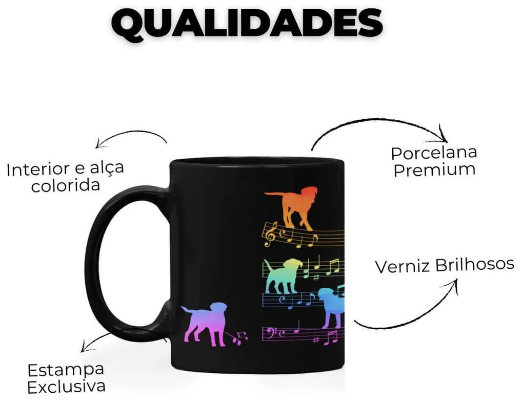 Caneca Cachorro Musical Arco Iris Dog Lover Preta
