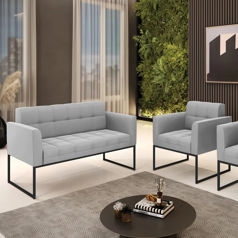 Kit 1 Sofá Namoradeira e 1 Poltrona Elisa Suede Cinza Base Metálica Industrial Preto - D'Rossi