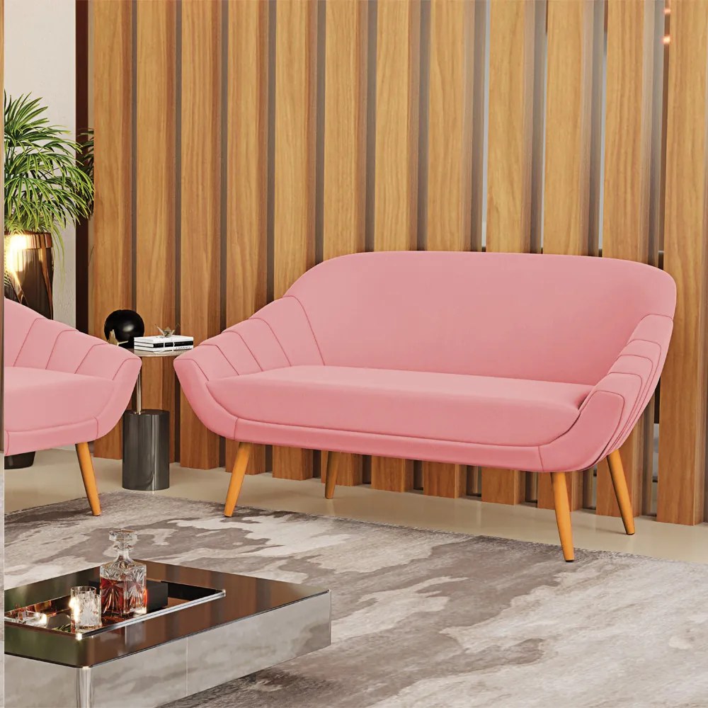 Namoradeira 02 Lugares Giovana Suede Pés Palito Castanho - D'Rossi - Rose