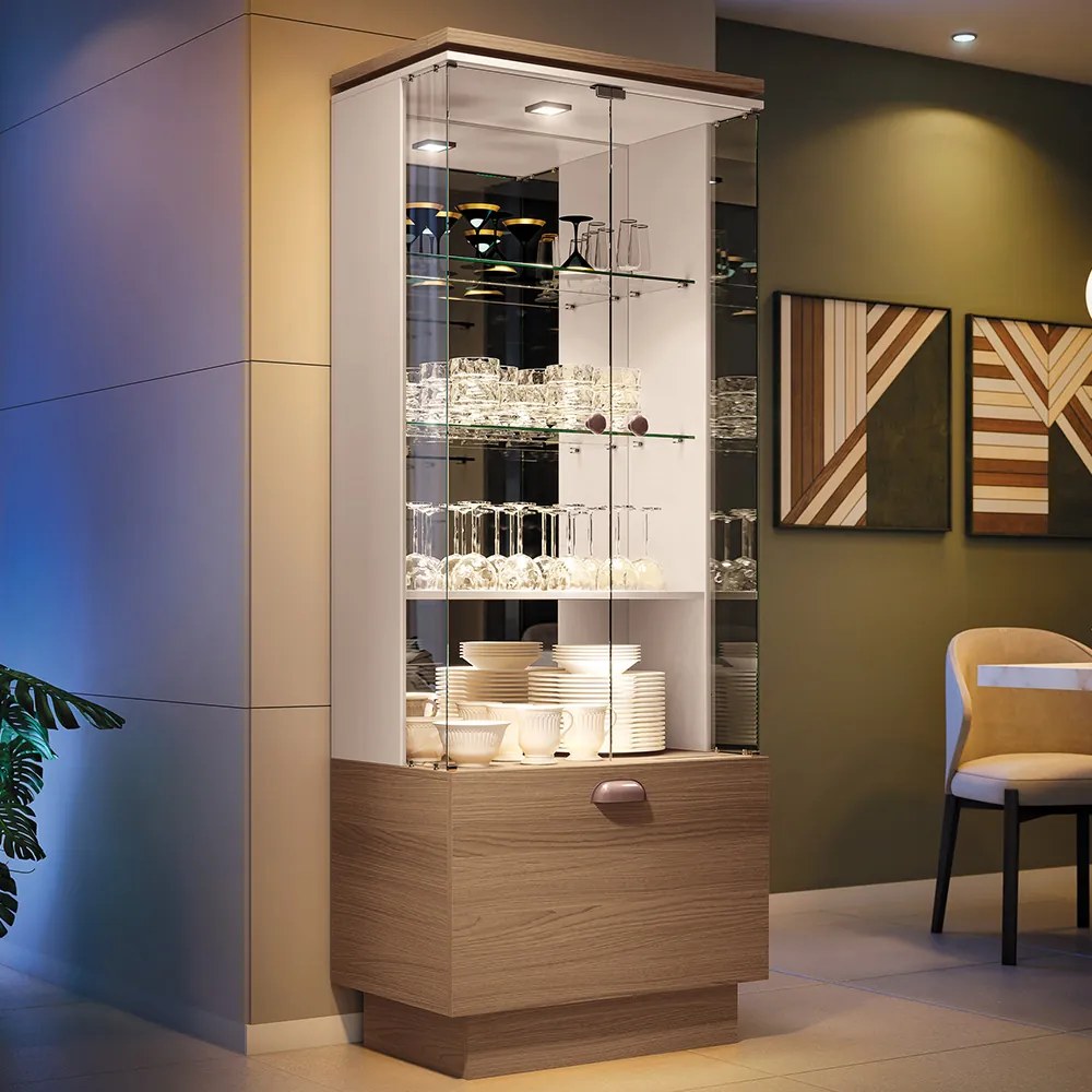 Cristaleira Decorativa Peggy Nicho Adega com LED Portas de Vidro Castanho/Off White G26 - Gran Belo