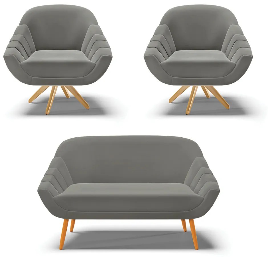 Kit 01 Namoradeira 02 Lugares e 02 Poltronas Giratória Giovana Suede Grafite Base Madeira MA30 - D'Rossi