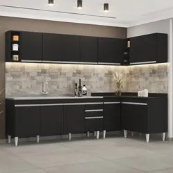 Armário de Cozinha Modulado de Canto 7 Peças CP36 com Pia Inox Preto -