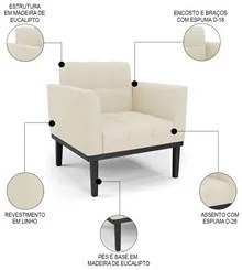 Sofá Namoradeira e 2 Poltronas Base Madeira Preto Ana Linho Bege - Ibi