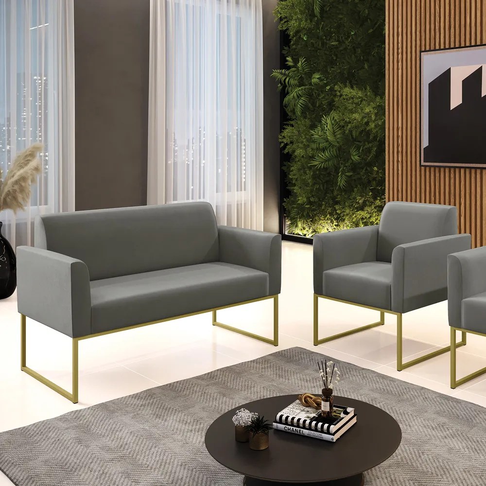 Sofá Namoradeira com Poltrona Base Industrial Dourado Marisa Suede Grafite D03 - DRossi