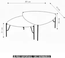 Mesa de Centro Para Sala Pés Metálicos Kit 2 Blen Louro/Dourado I06 -