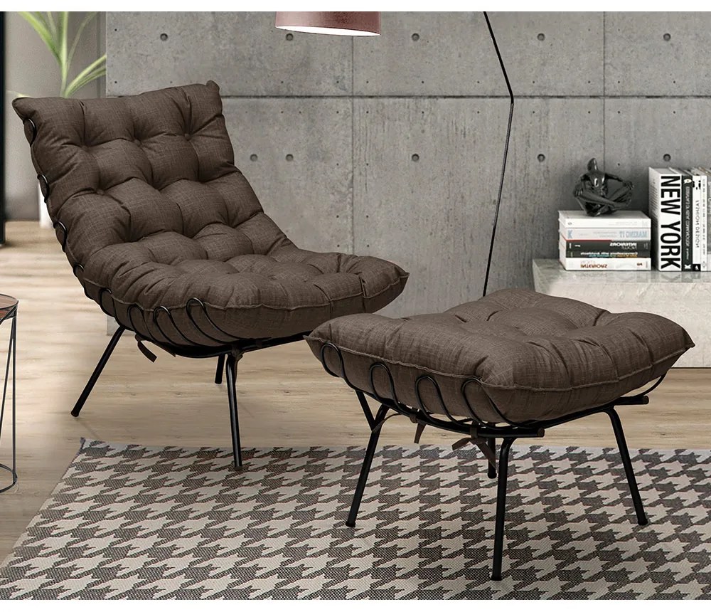 Kit 2 Poltronas Decorativas Sala de Estar Abel Base de Ferro Preto Linho Marrom G41 - Gran Belo