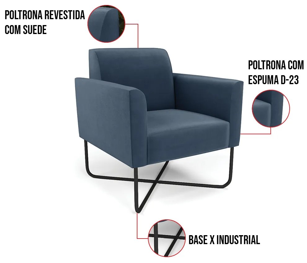 Poltrona Base X Industrial Preto Marisa Suede - Azul Marinho