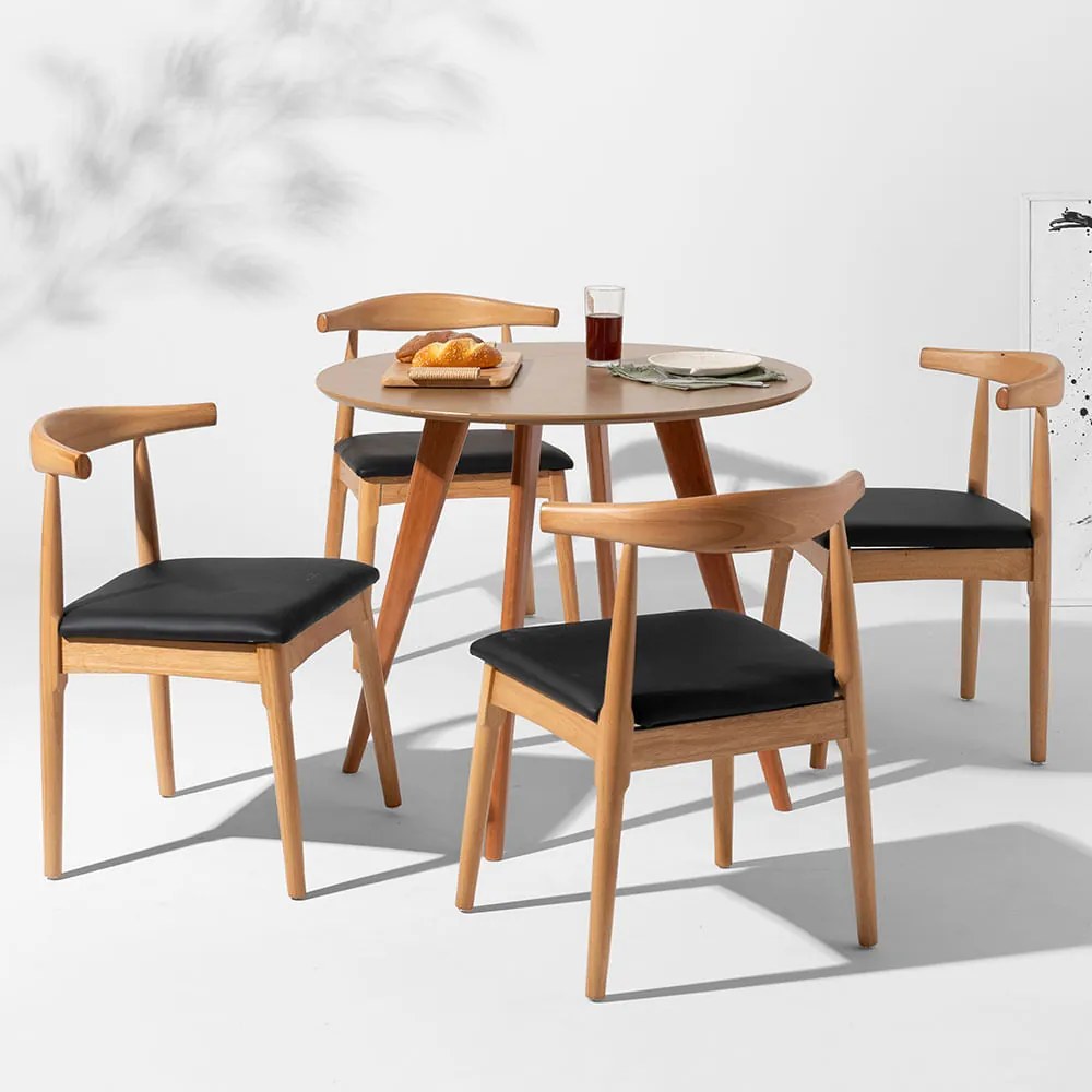 Mesa de Jantar Square Redonda Bétula - 88cm + 4 Cadeiras Elbow Madeira