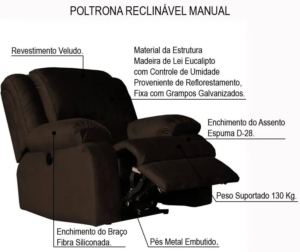 Poltrona do Papai Reclinável Manual Magnum Veludo Marrom Chocolate G23 - Gran Belo
