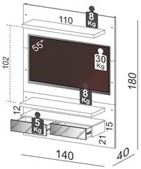 Painel Bancada Suspensa Para TV Até 55 Pol. TB106E Com LED 2 Gavetas O