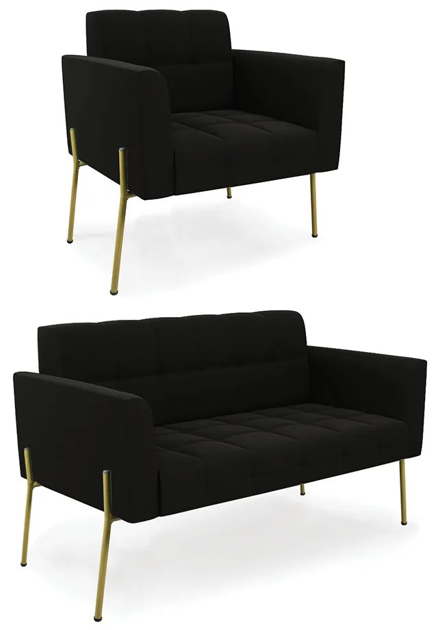 Sofá Namoradeira e Poltrona Pé de Ferro Dourado Elisa Suede D03 - D'Rossi - Preto