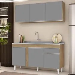 Armário Aéreo Argélia e Balcão Gabinete com Pia Inox 150cm Dakota Cast