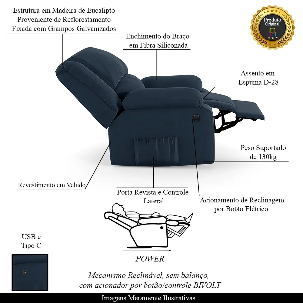 Poltrona do Papai Reclinável Sala de Cinema Madrid Power Elétrica USB Veludo Azul G23