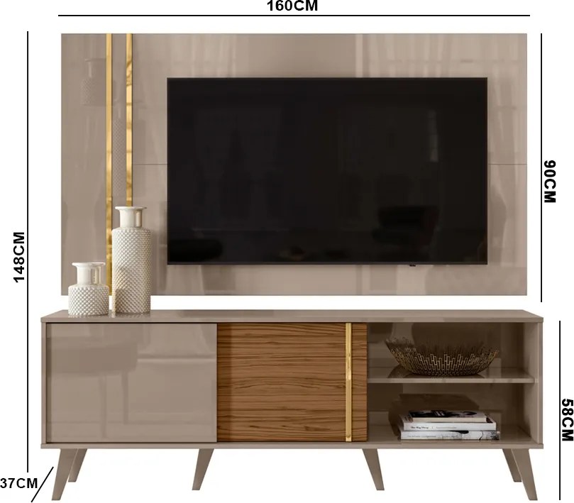 Painel TV 60 Pol 160cm com Rack Bancada para Sala Hylon Fendi/Naturale M20 - D'Rossi
