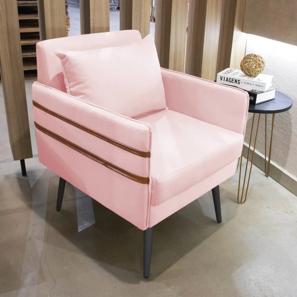 Poltrona Mari Suede Pés Palito de Ferro Marrom - D'Rossi - Rosa Bebê