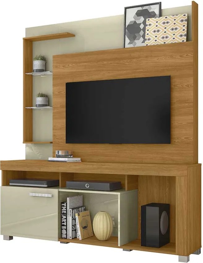 Home Theater Dedalo Prateleira em Vidro MDP até 50 Cumaru/Opala G97 - Gran Belo